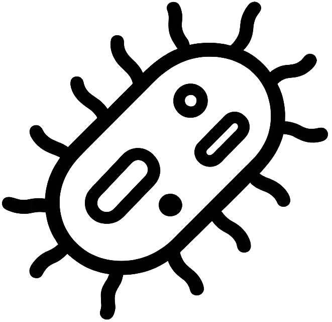 A black line art icon of a bacterium or virus on a plain white background.